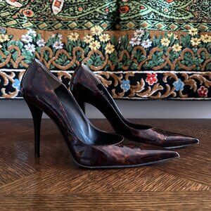 Stuart Weitzman Tortoise Shell Leopard Print Pointed Toe Patent Stilettos 9 M